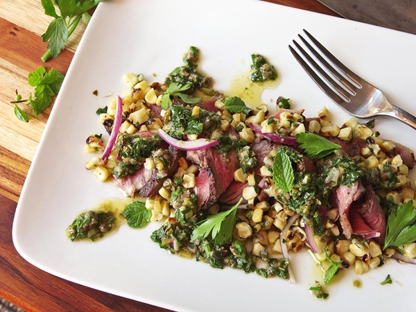 Steak and corn salad with salsa verde