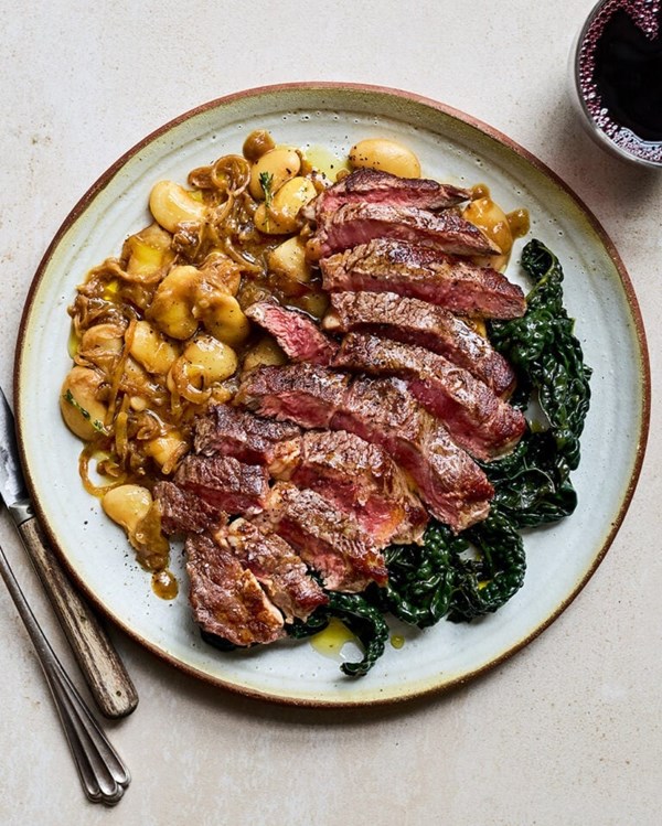 Steak and French onion beans