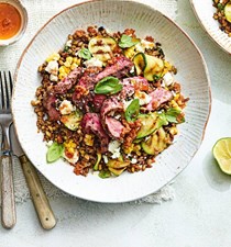 Steak and griddled veg grain bowl