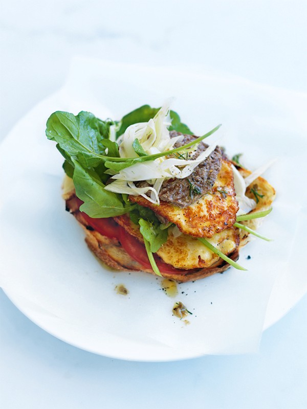 Steak and haloumi open sandwiches with dill and caper dressing