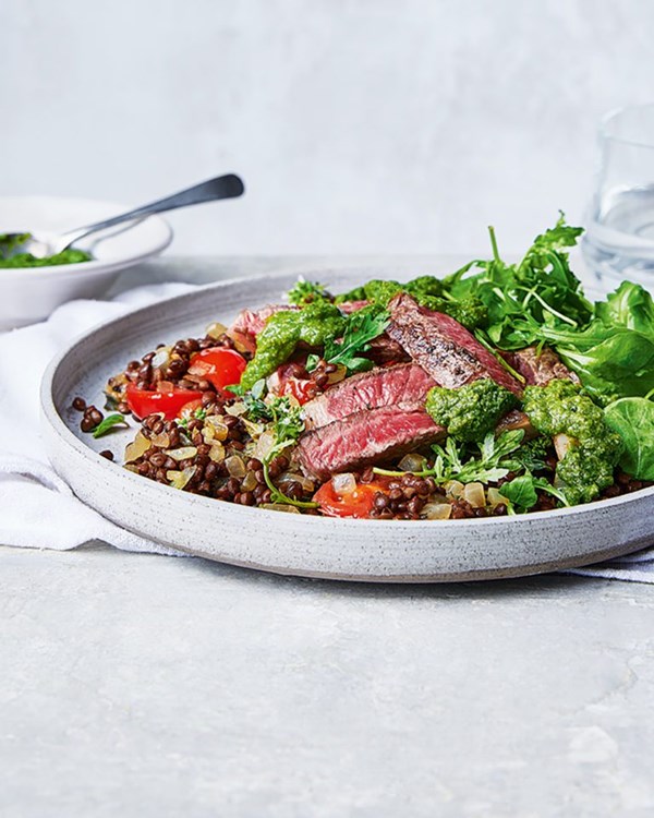 Steak and lentil salad with rocket salsa verde 