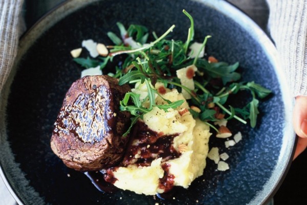 Steak and mash with quince sauce and rocket & Parmesan salad