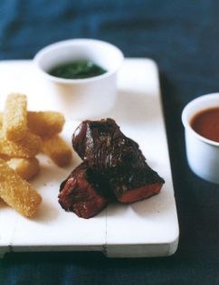Steak and polenta chips with rocket and parsley pesto