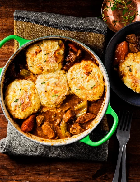 Steak and stout stew with cheddar and thyme dumplings