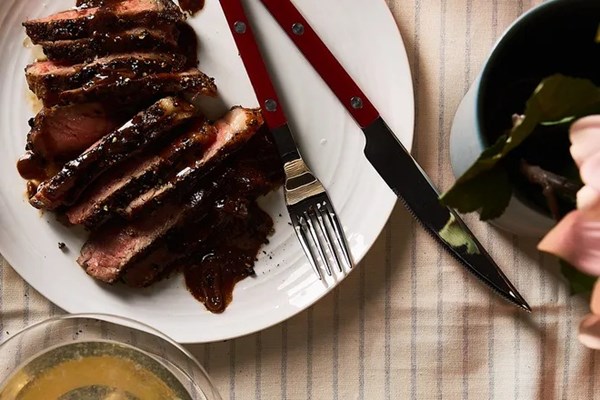 Steak au poivre with chocolate balsamic pan sauce