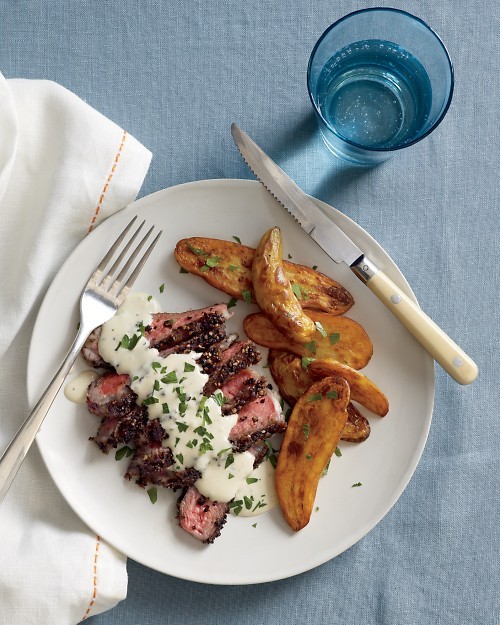 Steak au poivre with roasted fingerling potatoes
