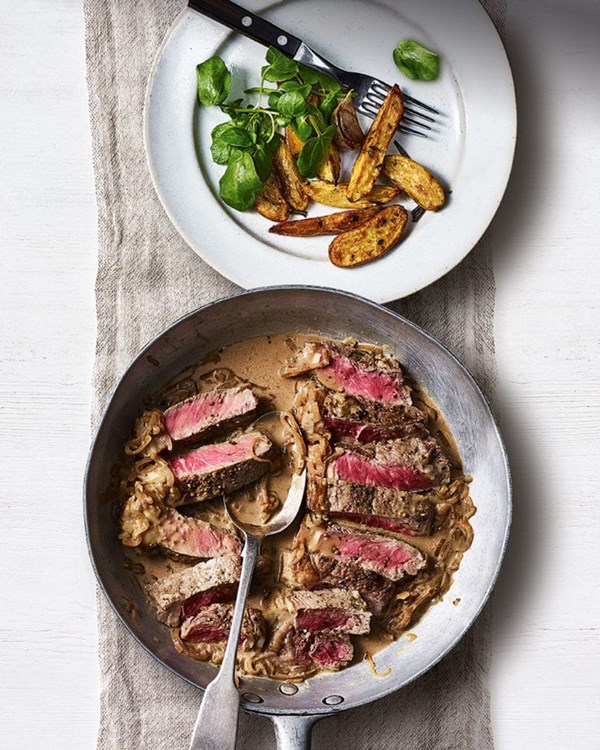 Steak Diane with roast potatoes