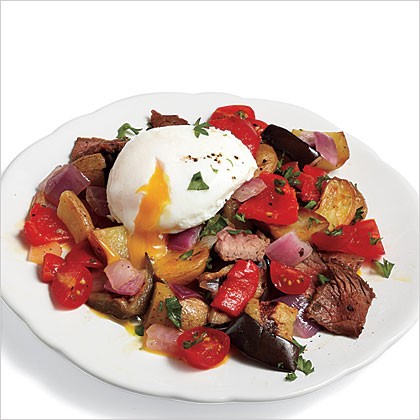 Steak hash with poached eggs