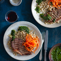 Steak marinated in red wine with pistou, barley and carrot