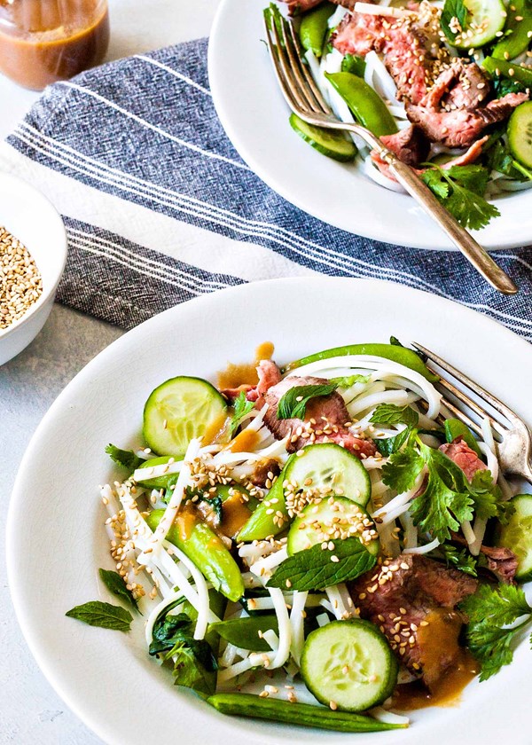 Steak noodle bowls with miso-lime dressing 