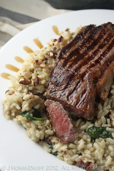 Steak on blue cheese, spinach & pecan risotto