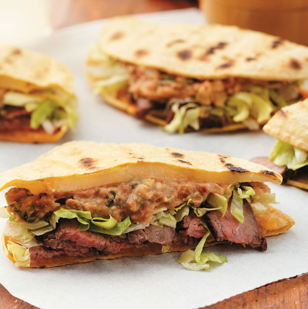 Steak quesadilla sandwiches with spicy-sweet refried beans