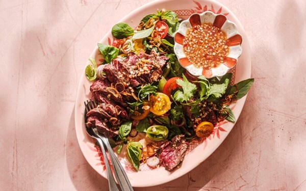 Steak salad with Thai basil, tomatoes, and tamarind dressing