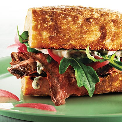 Steak sandwiches with pickled onion and herb aioli