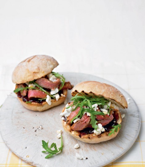 Steak sarnie with harissa, caramelised onions and feta