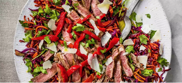 Steak tagliata with zingy carrot and cabbage slaw
