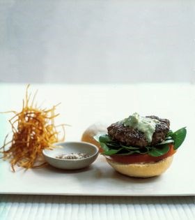 Steak tartare burger with herb-mustard and blue-cheese aioli, and matchstick fries