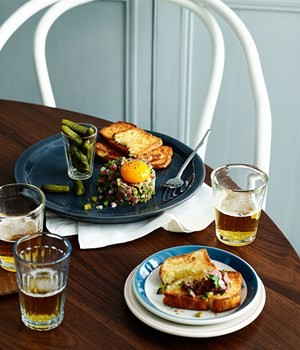 Steak tartare with toasted brioche and cornichons