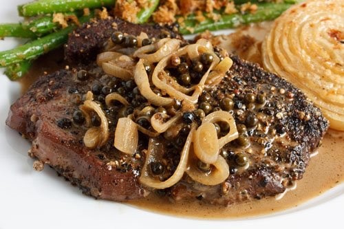 Steak tenderloin in a green peppercorn sauce