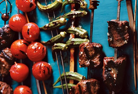 Steak, tomato, and okra kebabs