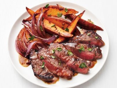 Steak with beer sauce and sweet potatoes