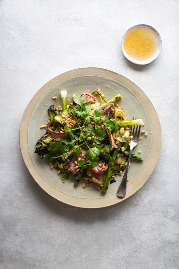 Steak with blistered summer vegetables & fish sauce dressing