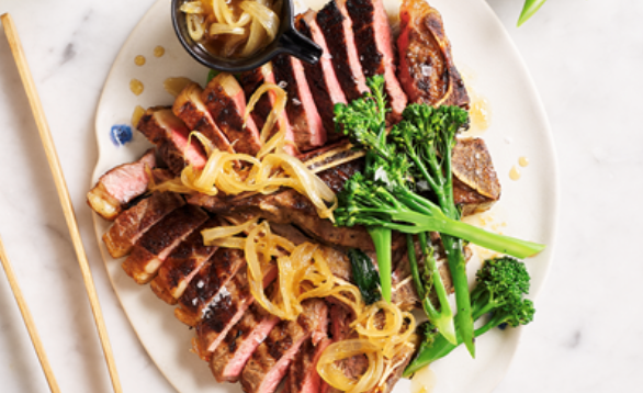 Steak with caramelised onion and ginger ponzu