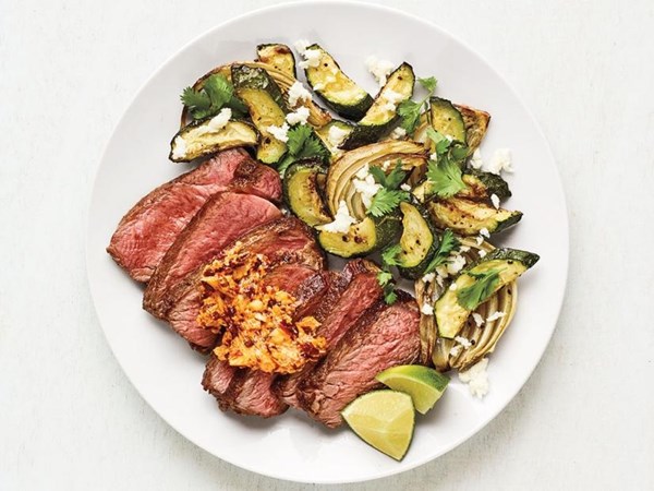 Steak with chipotle butter and roasted zucchini