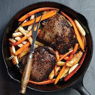 Steak with glazed carrots & turnips