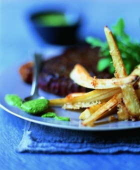 Steak with grilled parsnips and rocket salsa verde