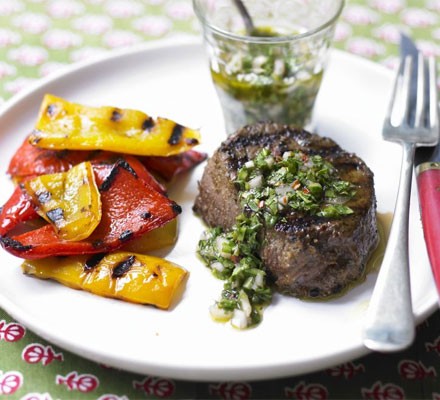Steak with grilled peppers and coriander salsa
