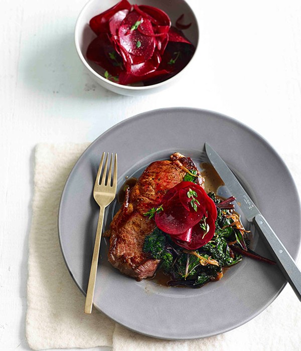 Steak with kale and quick-pickled beetroot
