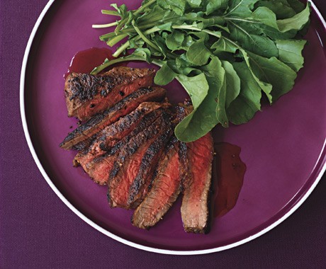 Steak with mixed peppercorns and pomegranate glaze