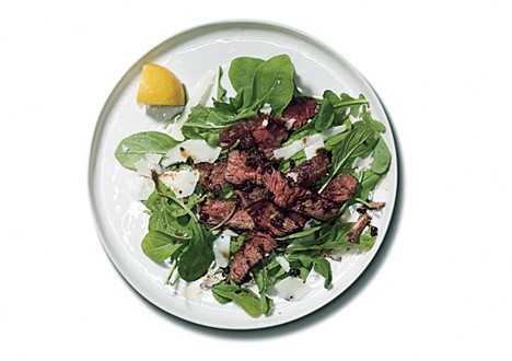 Steak with Parmesan butter, balsamic glaze, and arugula
