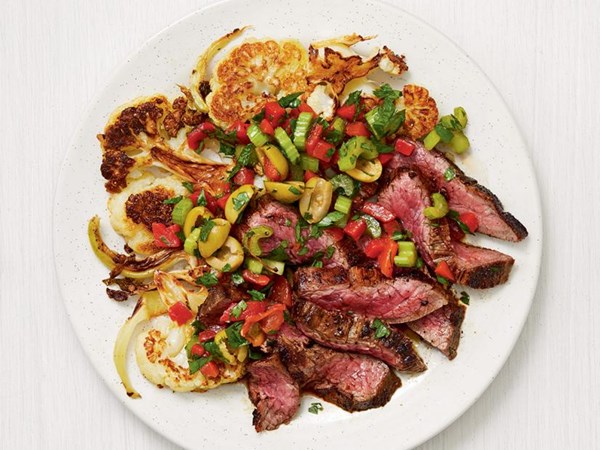 Steak with red pepper salsa and roasted cauliflower 