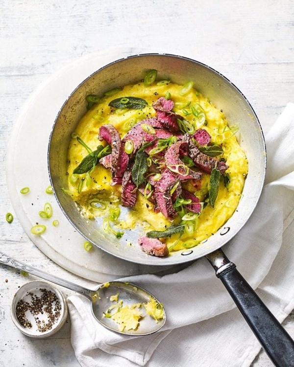 Steak with sage and cheese & onion polenta