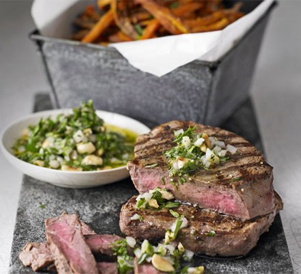 Steak with skinny sweet potato fries