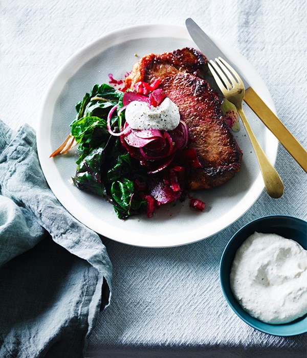 Steak with sweet and sour beetroot and horseradish crème fraîche