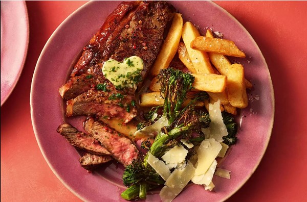 Steak with truffle chips & charred Parmesan tenderstem