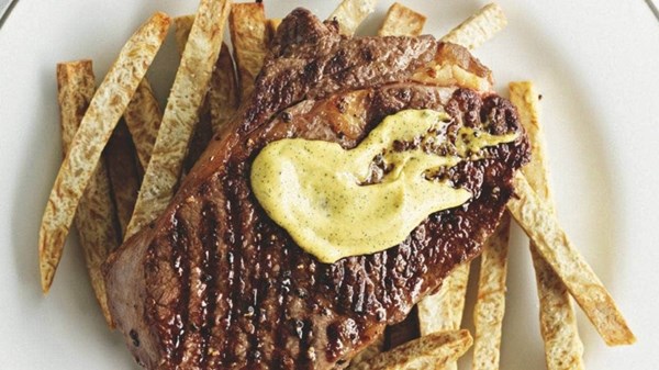 Steak with vanilla mustard and taro fries