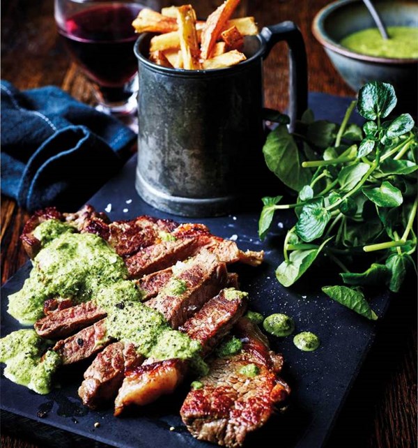 Steak with watercress sauce