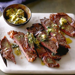 Steaks with anchovy butter and capsicum panzanella