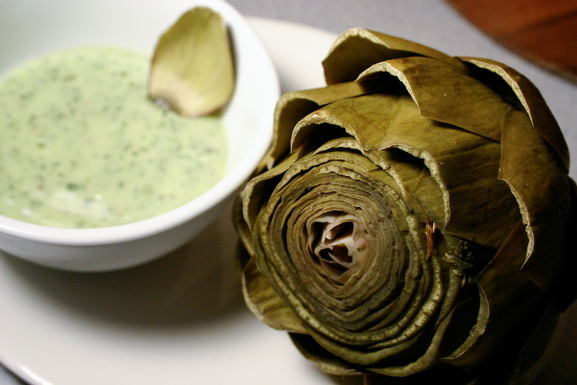 Steamed artichokes with eggless basil mayonnaise dip