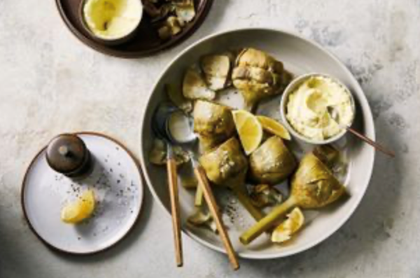 Steamed artichokes with green garlic mayonnaise