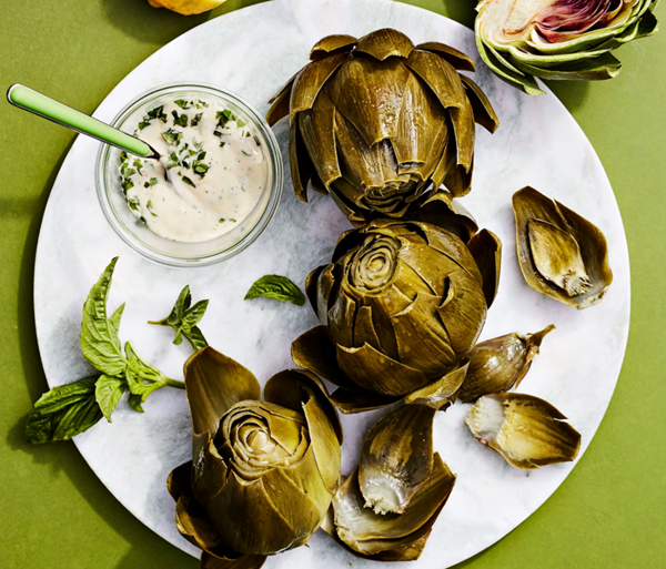 Steamed artichokes with lemon-basil aioli