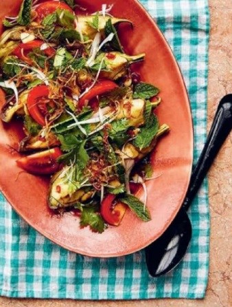 Steamed aubergine salad with smoky lime and fish sauce dressing