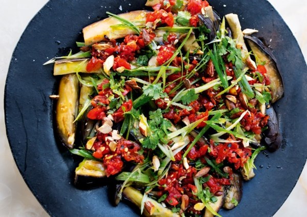 Steamed aubergine with charred chilli salsa