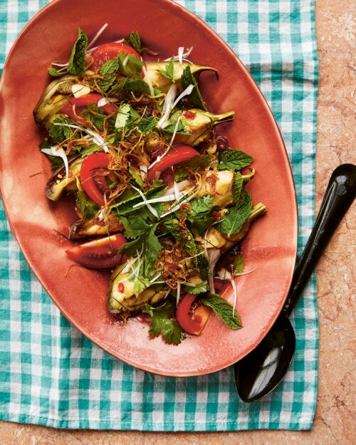 Steamed aubergine with smoky lime and fish sauce