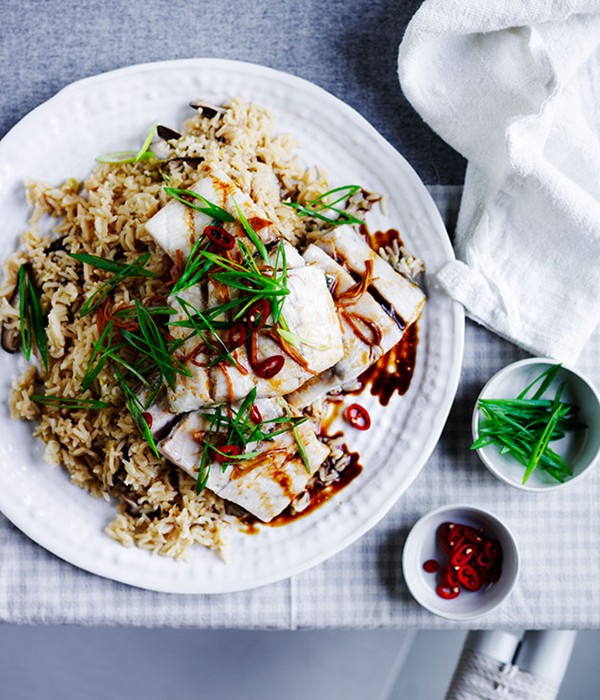 Steamed barramundi with shiitake rice