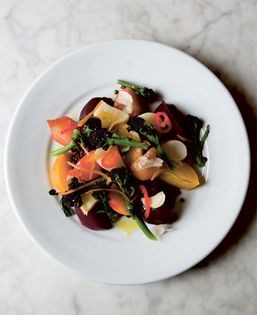 Steamed beetroot and turnips with beluga lentils, pickled garlic and lemon